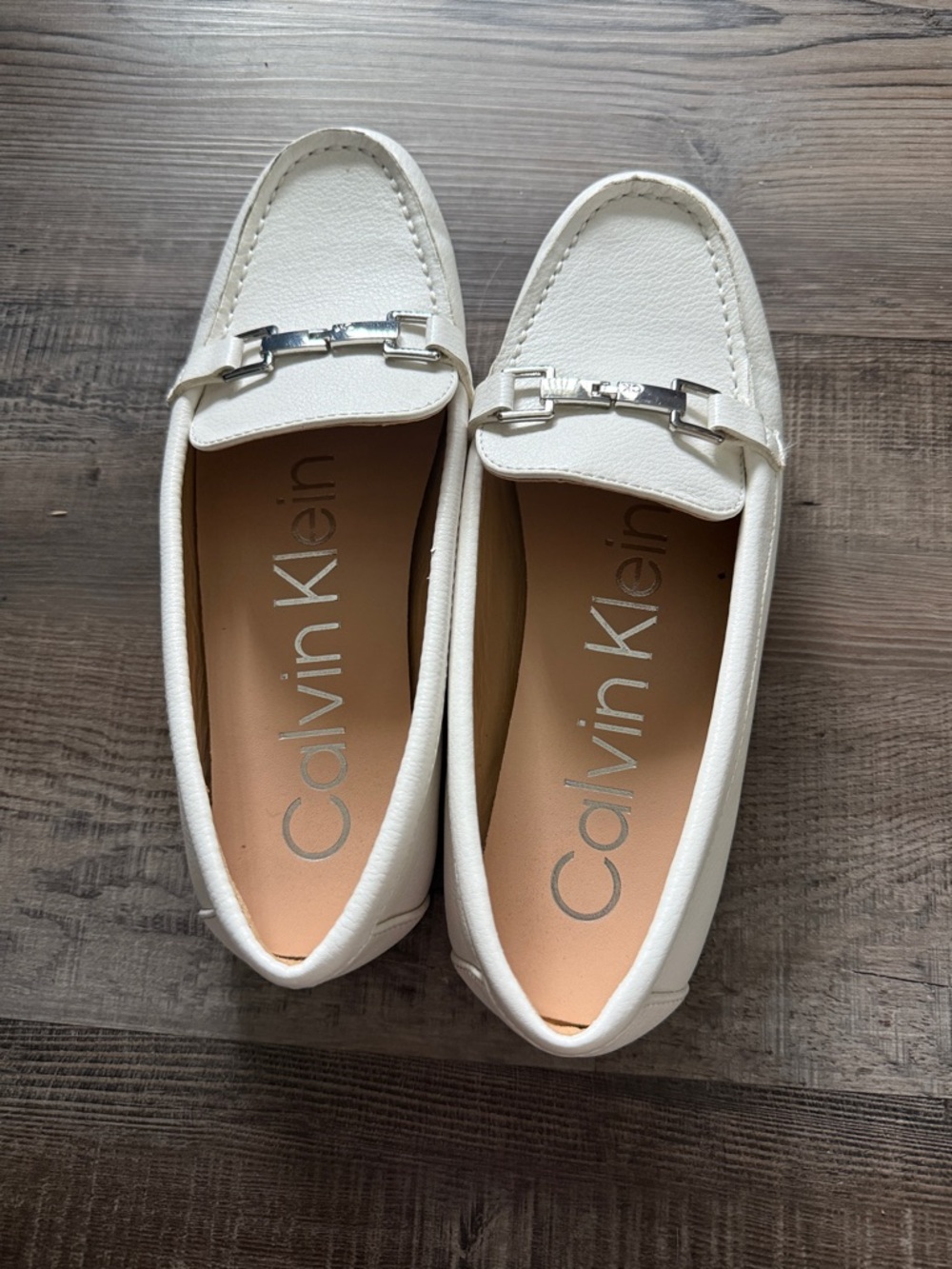 Calvin Klein White Leather Loafers with Silver Accent